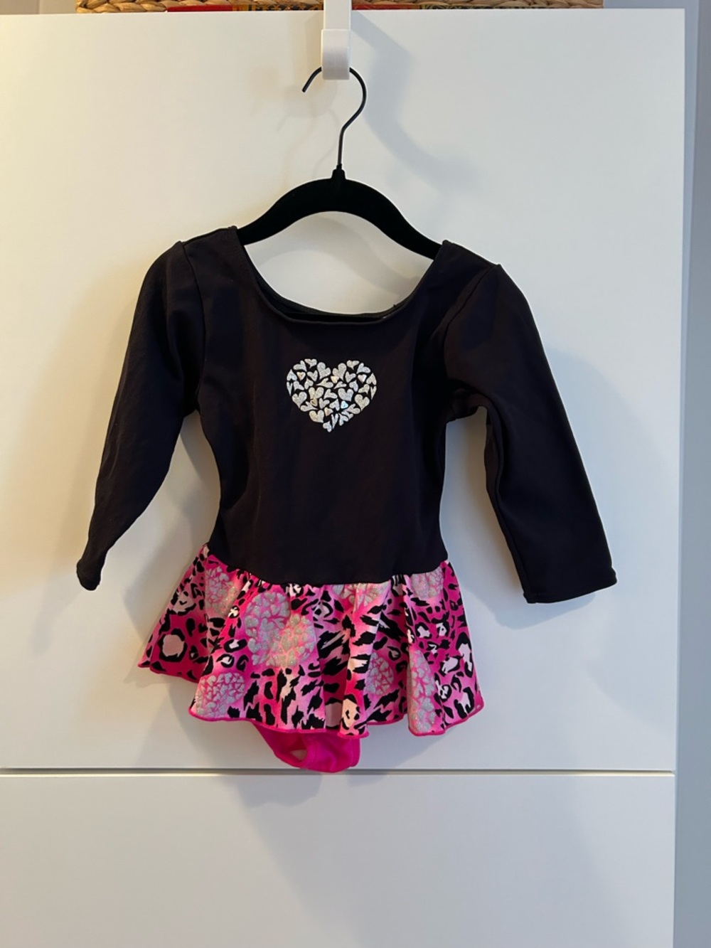 Jacques Moret Black Dancewear with Pink Sparkly Skirt and Heart - Size 4/5